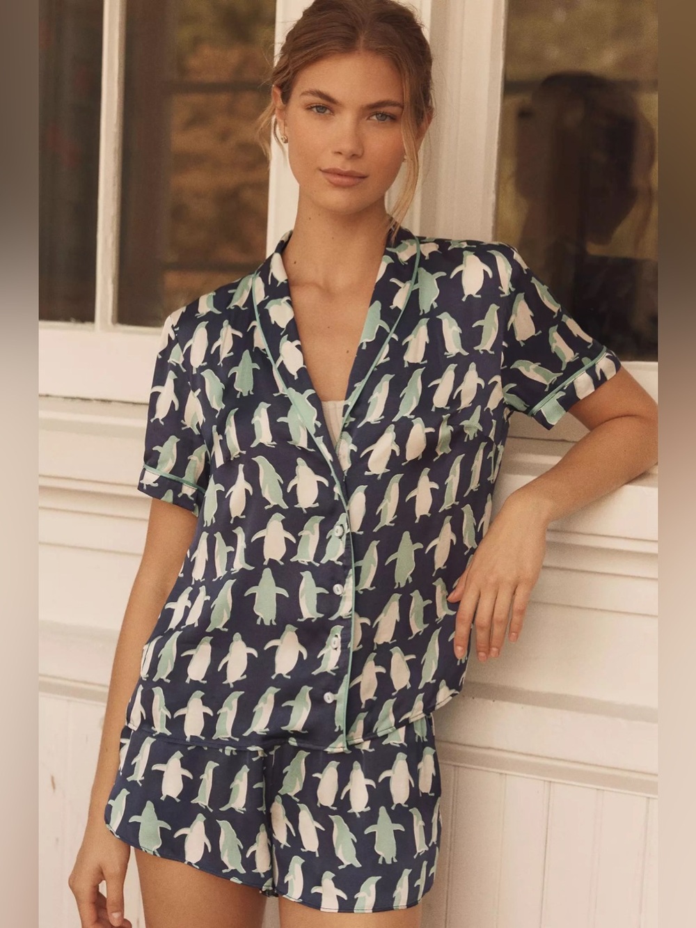 NWT Anthropologie The LyreBird Silky Pajama Top Penguin Size XS